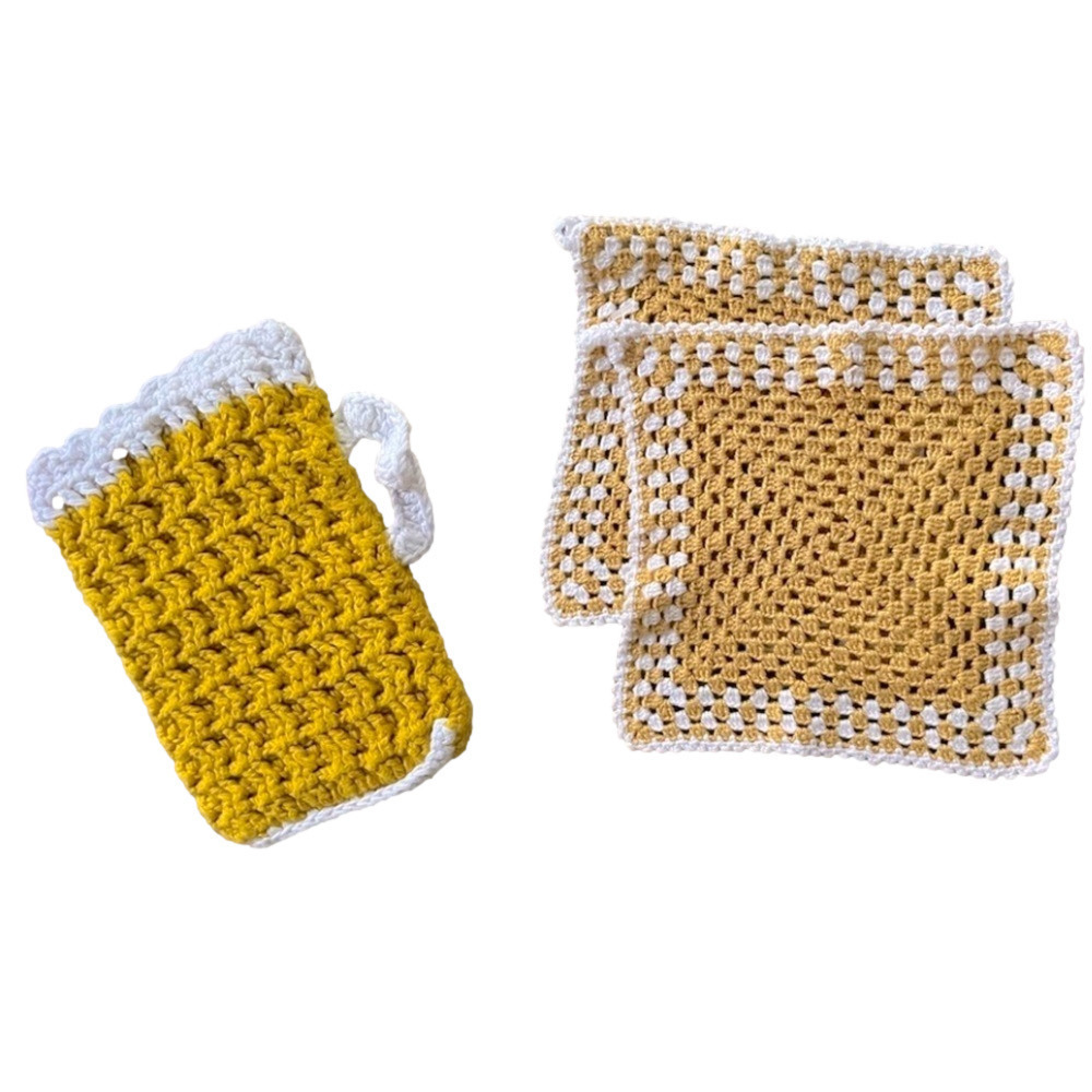 Hand Crafted Crochet Beer Mug ⚜️ Kitchen Set of 3 Pot Handles Gold New Orleans